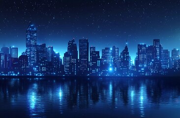 Blue digital city skyline with a glowing technology grid and futuristic skyscrapers over a river at night, a business concept background.