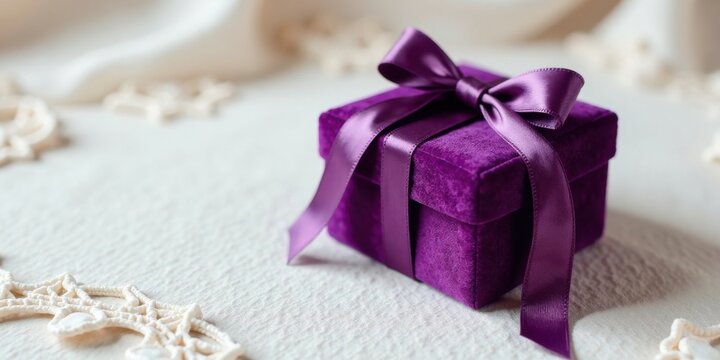 A luxuriously wrapped purple velvet gift box with a satin ribbon sits on a delicately textured surface adorned with elegant lace star accents
