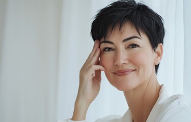 A Japanese woman in her early to mid-40s, smiling and touching the side of their face with one hand while standing against an indoor background with natural light.