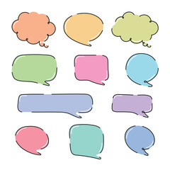 Set of colorful speech bubbles on white background in doodle style