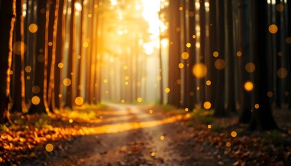 Glowing Journey: Bokeh Lights Illuminating a Sunset Forest Path