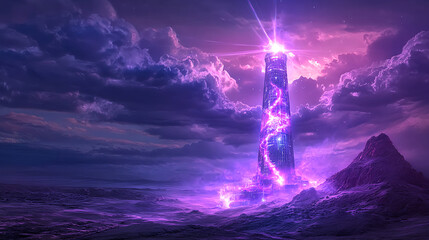 Obraz premium Tower of lightning erupts amidst stormy skies fantasy landscape digital art surreal environment dramatic viewpoint