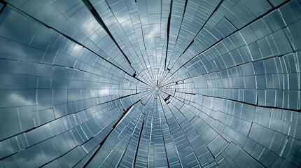 Close-up of shattered glass with a radial pattern of cracks. Useful for concepts of damage, danger, fragility, or abstract design elements.

