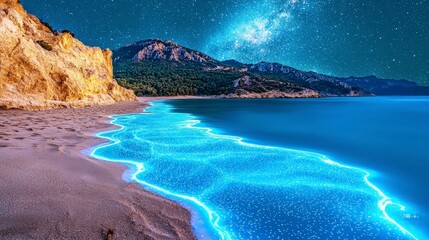 Bioluminescent Waves Under Night Sky with Stars and Rocky Shoreline in a Serene Coastal Landscape
