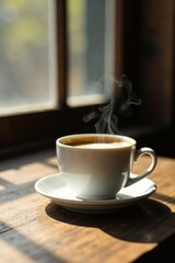 Obraz premium Aromatic coffee steaming in a white cup, sunlight illuminating a wooden surface near a window