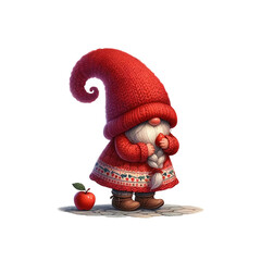 A cute gnome in a red hat and coat holds a small object, with a red apple nearby, exuding a whimsical charm.