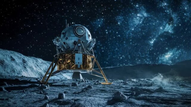 Lunar lander touchdown under starry sky with dramatic dust cloud on moon surface