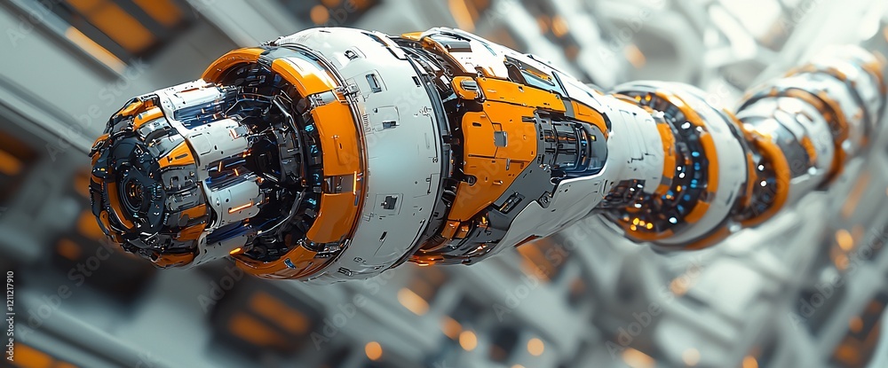 Poster futuristic orange and white robotic arm segment.