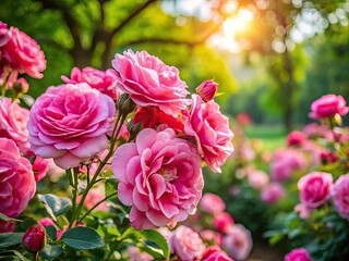 Obraz premium Pink Rose Bush Park Bloom - Candid Photography, Spring Flowers, Nature Images, Beautiful Roses