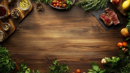 Grilled steak, herbs, spices on wood; cooking background