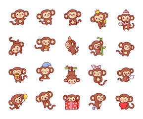 Set of charming cute kawaii cartoon monkey characters with different emotions and unique poses for yours cheerful festive creative decoration and joyful illustration design © palau83