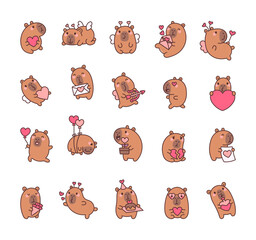 Set of charming capybara valentines day characters celebrating love with hearts, wings, balloons, bouquet, and romantic gestures for joyful and heartfelt moments for yours design projects