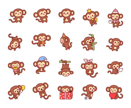 Set of charming cute kawaii cartoon monkey characters with different emotions and unique poses for yours cheerful festive creative decoration and joyful illustration design