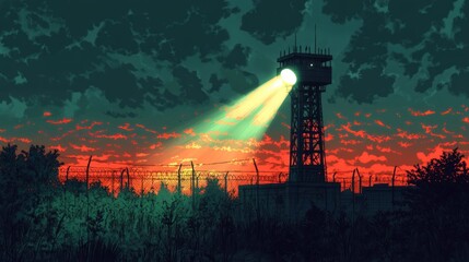 Sunset, tower, light beam, barbed wire, nature.