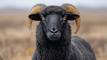 Naklejka premium Black ram, large horns, intense stare.