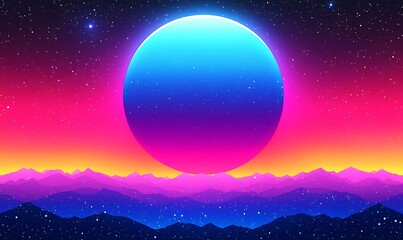 Fototapeta premium digital artwork background featuring a vibrant retro futuristic style centered around a large, glowing sun or planet with a gradient of colors ranging from deep pink to bright yellow
