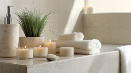 A tranquil home bathroom scene with lit candles, fluffy towels, and soothing bath salts, evoking a spa-like, relaxing atmosphere.