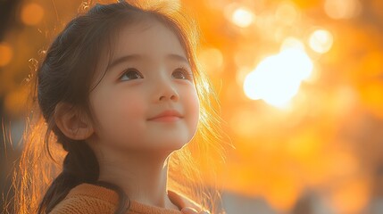 Fototapeta premium Adorable little girl looking up at sunset.