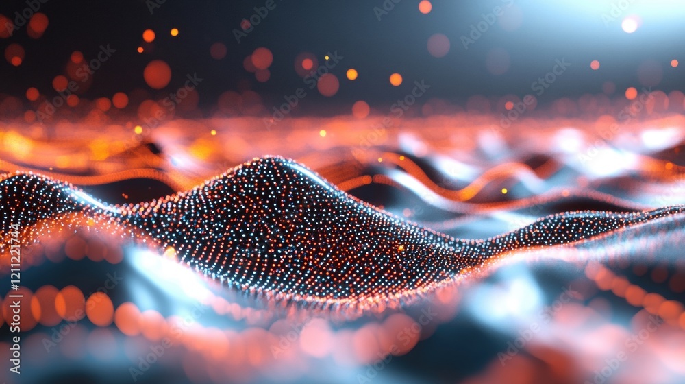 Poster dynamic abstract digital waves undulate with glowing dots, forming a captivating visual composition 