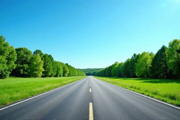 Fototapeta premium Asphalt Road Through Lush Green Summer Foliage Under a Bright Blue Sky, a Scenic Drive Awaiting