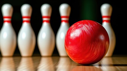 A vibrant red bowling ball rolls towards a set of white bowling pins, capturing an exciting moment at a bowling alley