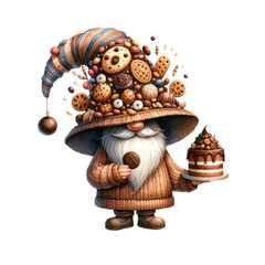A whimsical gnome with a hat adorned with cookies and sweets, holding a plate of cake while enjoying a treat.