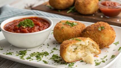 Frying arancini (delicious fried rice balls) with marinara sauce at home culinary creation italian cuisine cozy kitchen gourmet delight