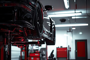 Naklejka premium Car repair shop with a car on a lift, a black and red color palette, soft lighting, and a blurred background of white garage walls