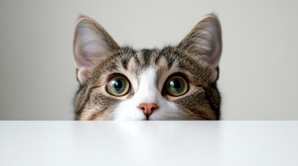 Cat with large green eyes curiously peeking over a white surface, displaying a sense of wonder and playfulness