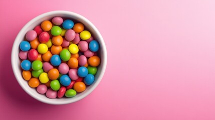 Obraz premium A bowl vibrantly overflowing with assorted colorful candies on a bright pink background evokes feelings of joy and sweetness