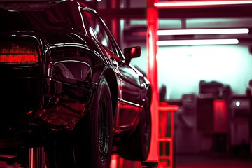 Fototapeta premium Car repair shop with a car on a lift, a black and red color palette, soft lighting, and a blurred background of white garage walls