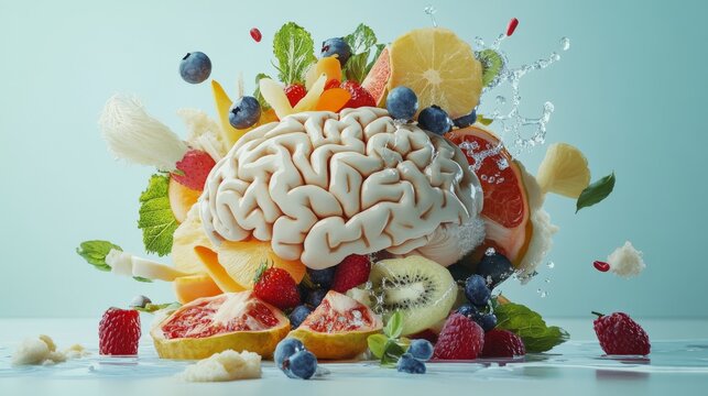 gastronomic brain illustration, healthy eating concept art, fresh ingredient brain design, detailed food arrangement, natural produce composition, white anatomical detail, colorful fruit segments,
