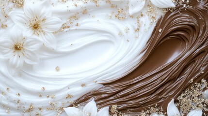 Delicate swirl of white and chocolate cream with floral accents and golden sprinkles