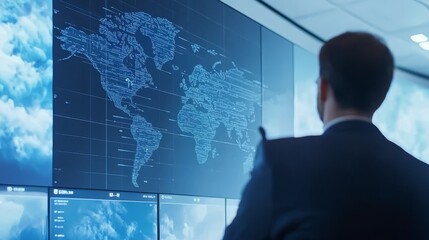 Businessman in suit examines global map projection on large interactive screen for strategic planning