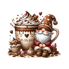 A whimsical gnome sits beside a large cup of hot chocolate topped with swirls of cream and surrounded by various sweets and treats.