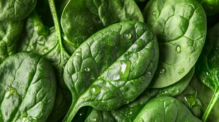 Fototapeta premium hydrated spinach leaf detail, morning dew effect, deep emerald tones, natural leaf arrangement, backlit water droplets, crisp vegetable texture, fresh market produce, artisanal food photography,