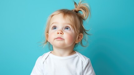 Curious toddler girl looking up, blue background, studio shot, for child care marketing