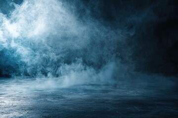 Fototapeta premium Dark room with a concrete floor and smoke in the background, for product presentation