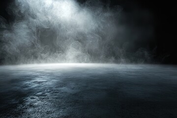 Dark room with a concrete floor and smoke in the background, for product presentation