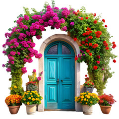 Naklejka premium colorful door with arched window and flowers