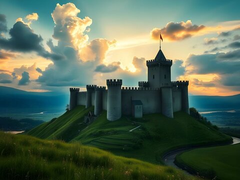 Un majestuoso castillo en una colina, rodeado de campos verdes, un r&iacute;o y un cielo dram&aacute;tico lleno de nubes.