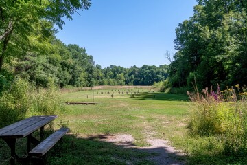 Scenic Outdoor Archery Range Surrounded by Lush Greenery and Clear Blue Sky, Perfect for Promoting Outdoor Sports, Recreation, and Nature Engagement