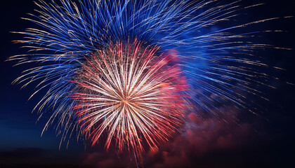 vibrant firework display bursting in red, white, and blue colors against dark sky, creating festive atmosphere