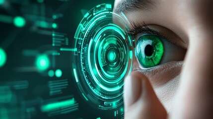 Futuristic interface display reflected in a woman's eye, glimpse into the future of technology