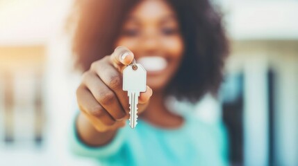 Real estate agent offers house keys to a client, smiling in a sunny outdoor environment, celebrating a successful home purchase
