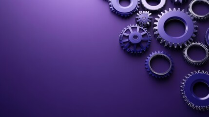 Blue metallic gears on purple background: industrial innovation and engineering concept
