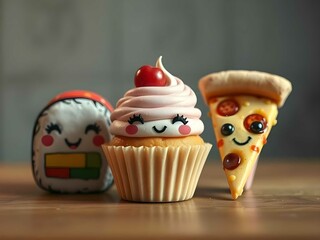 Cute characters with food like sushi, cupcakes and pizza, colorful and fun, cheerful atmosphere