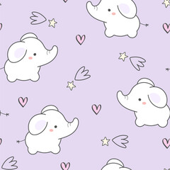 Cute seamless pattern elephants, star and hearts on purple background. Use for prints, textiles, fabric, wallpaper, stationery, nursery, wrapping paper, etc. Vector illustration. Valentine's day