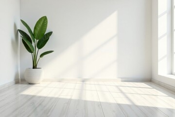 Serene Minimalist Room Corner Featuring a Potted Plant and Sunlit Light Wooden Floor