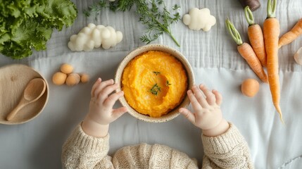 organic baby food arrangement, golden carrot puree bowl, sunburst pattern textiles, soothing teething accessories, curious baby hands, fresh vegetable elements, dreamy cloud details, neutral grey